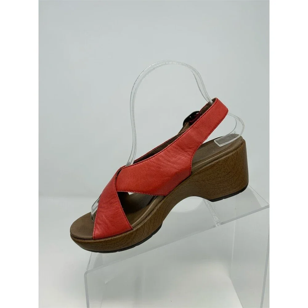 Dansko Two Tone Red Coral & Brown Slingback Wedge Sandals Crisscross Straps 36